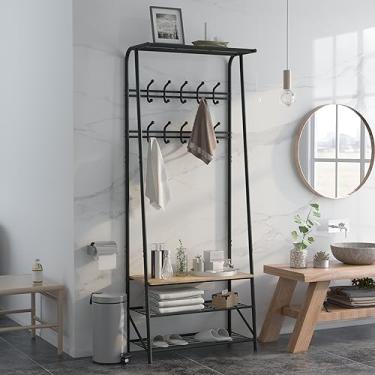 Imagem de Gyabnw 10 ganchos cabideiro/banco de sapatos, banco de entrada de árvores de salão com armazenamento, organizador de entrada para corredor, quarto, dormitório, móveis de madeira com moldura de metal