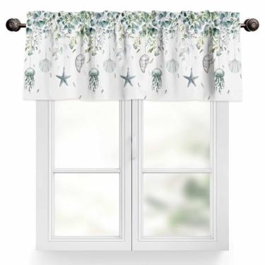Imagem de TOUBE Cortina de saia costeira para janela, folhas de eucalipto, água-viva, estrela-do-mar, conchas verdes com bolso para varão, sanefa, janela, para cozinha, sala de estar, banheiro, férias,