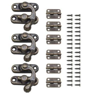 Imagem de Kyuionty Ferrolho de gancho direito bronze antigo, dobradiças de caixa pequena e trava retrô para armário decorativo pequena caixa de joias de madeira caixa de presente (3 peças de trava de ferrolho +