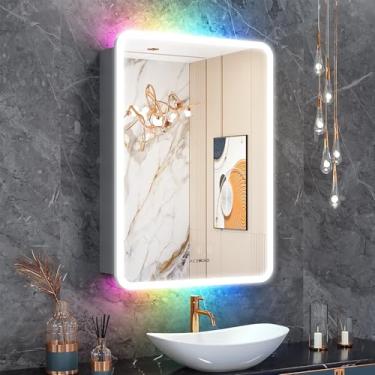 Imagem de ACEMIRO Armário de medicamentos de banheiro com luzes, armário de medicamentos LED de 61 × 81 cm com espelho, armário de medicamentos iluminado com retroiluminação RGB + iluminação frontal,