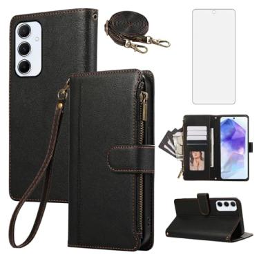 Imagem de Capa de celular para Samsung Galaxy S24 FE 5G carteira com zíper capa celular com protetor de tela alça transversal de pulso cordão flip suporte para cartão de crédito suporte de couro S 24 EF S24FE