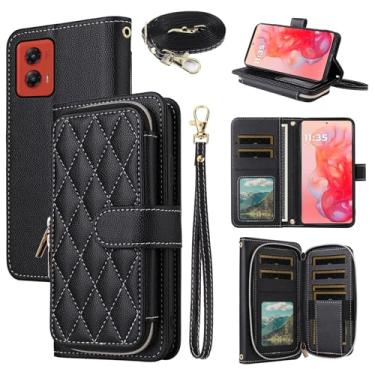 Imagem de Dswteny Argyle Capa carteira para Motorola Moto G Stylus 5G 2024 com alça de pulso, alça de ombro, zíper de couro PU, suporte para cartão de crédito, acessórios para celular G5 mulheres meninas preta
