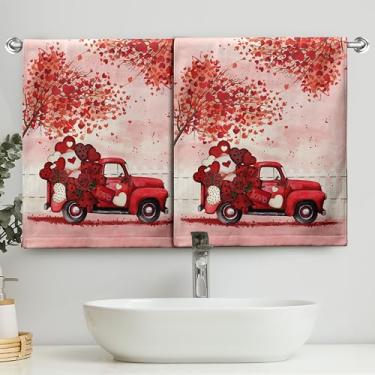 Imagem de Kwlegh Conjunto de 2 toalhas de mão dos namorados árvore caminhão vermelho preenchido com balão de coração toalhas de cozinha toalhas de dia dos namorados 14,4 x 28,3 toalhas de decoração de casamento