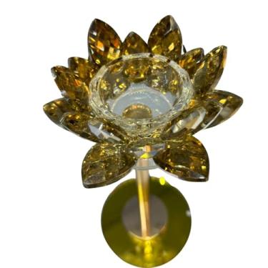 Imagem de Kit Conjunto de 3 Castiçais Decorativos em Cristal, Flor de Lótus, Base Dourada, Suporte para Velas, Enfeite para Mesa, Decoração de Escritório, Candelabro