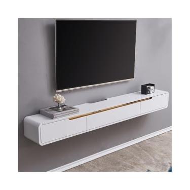 Imagem de Armário de TV Suporte de TV flutuante moderno, console de TV montado na parede de madeira com gabinete de porta articulada e 2 gavetas, centro de entretenimento flutuante que economiza espaço, madeira