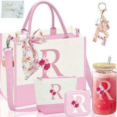 Imagem de AiHeart Presentes com monograma para mulheres, presentes personalizados para mulheres, sacola de lona inicial, copo de vidro com inicial de 473 ml, bolsa de maquiagem inicial, caixa organizadora de