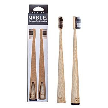 Imagem de MABLE Pacote com duas escovas de dentes de bambu para adultos | Escovas de dentes macias com infusão de carvão | Madeira natural, ecológica, livre de BPA, cabo de escova de dentes compostável