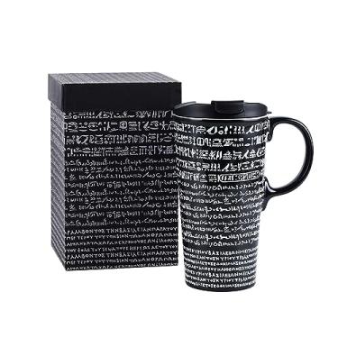 Imagem de TZSSP Caneca de café de cerâmica para viagem Caneca de chá latte de porcelana com tampa, 500 ml, pedra rosetta, preta