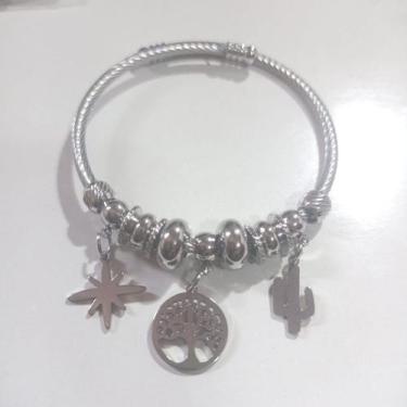 Imagem de Bracelete de aço inox ajustável com charms tipo Pandora trevo e árvore