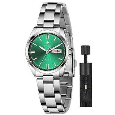 Imagem de Gosasa Relógios de pulso femininos prateados de aço inoxidável, moderno, quartzo, analógico, mostrador pequeno, relógio social feminino, Verde, Tendência