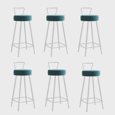 Imagem de Kit 06 Banqueta Alta Com Encosto Tais Eiffel Cozinha Bar Bistrô Ferro Branco Suede Azul Turquesa - Ahz Móveis