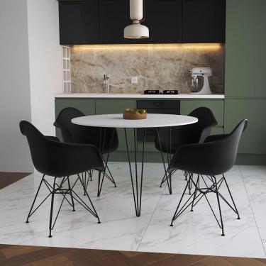Imagem de Mesa Jantar Redonda 90Cm Branca Clips 3 Pés Com 4 Poltronas Pretas Ferro Preto - Cor: Branco