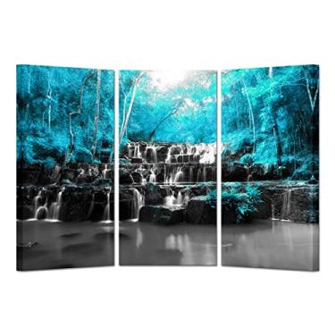 Imagem de Grande 3 painéis paisagem preto branco azul-petróleo azul floresta cachoeira lona arte de parede árvore natureza imagens impressões galeria embrulhado pronto para pendurar para sala de estar escritório cada painel 40 x 81 cm (azul)
