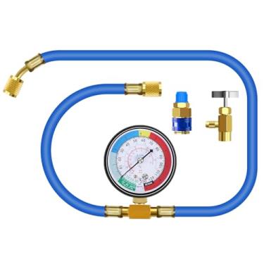 Imagem de Mangueira de carregamento CA da JIFETOR com medidor para R134A R12 R22, kit de recarga de refrigeração HVAC para carro, mangueira de carregamento em U com ar condicionado doméstico medidor de pressão baixa de 1/4" Os acessórios podem encaixar rapidamente, 42" de comprimento