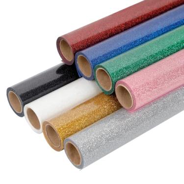 Imagem de FUNKAKA Pacote de vinil HTV de transferência de calor com glitter, 8 rolos de 30,5 cm x 0,9 m, ferro em vinil, para camiseta, 8 cores sortidas, glitter, vinil HTV para todas as máquinas de cortar