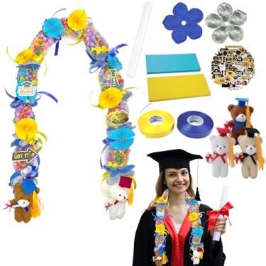 Imagem de Kit de fabricação de doces Lei para presente de formatura com sacos DIY Candy Lei, fita, flor, adesivo, cartolina para suprimentos de festa de formatura (azul, prata)