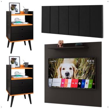 Imagem de Jogo Quarto 2 Mesinhas Retrô Gavetas Nicho Painel Tv 32 Polegadas Sala Cabeceira Suspensa Almofadada Cama Box King Size 1,95 - Lojas RPM