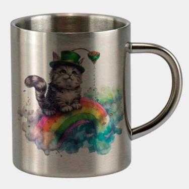 Imagem de Caneca de Inox Premium Prateada 400ml GATINHO ST PATRICKS DAY ARCO IRI