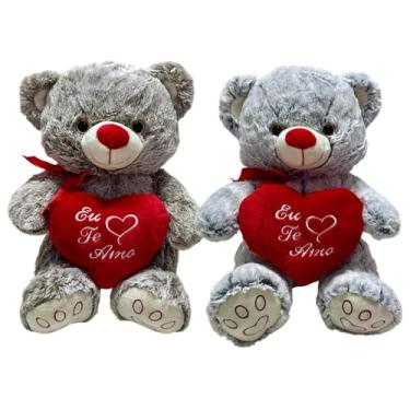 Imagem de Ursinho Pelucia Mesclado Coracao Bordado Eu Te Amo Namorados - 31cm