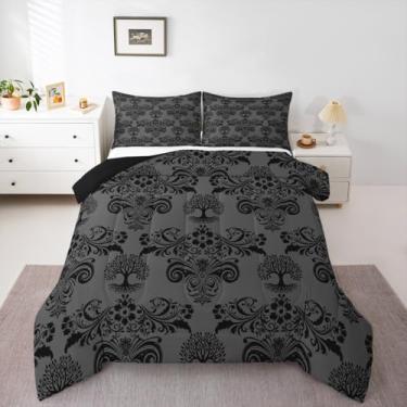 Imagem de jejeloiu Conjunto de cama Queen Size com estampa de damasco para crianças, meninos, meninas, vida gótica, árvore de árvore, edredom cinza escuro, decoração de quarto, microfibra leve e macia, 3 peças
