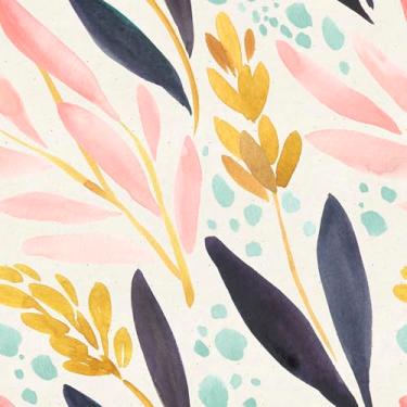 Imagem de Papel De Parede 5m Adesivo Folhagem Rosa Azul Dourada Fundo Branco