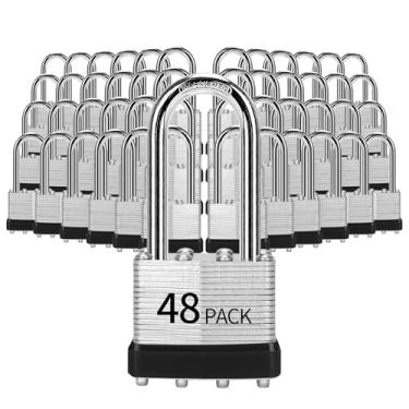 Imagem de HZSY Cadeados com chave igual, pacote com 48, fechadura com chave de aço laminado (1-9/16 polegadas, 40 mm), cadeados com a mesma chave, manilha longa, para caixa de ferramentas, armário e unidade de