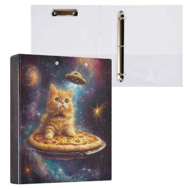 Imagem de Fichário de gato redondo 1,5 galáxia pizza alienígena 3 anéis para prancheta para escritório, escola, material de trabalho, pasta de arquivo, capacidade de 200 folhas, fácil de abrir