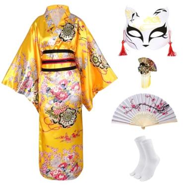 Imagem de Conjunto de quimonos para mulheres, vestido japonês, fantasia de gueixa, fantasia de gueixa, anime, cosplay, empregada, máscara, leque de mão, conjunto de meias, Amarelo, One Size Tall