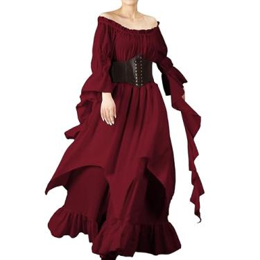 Imagem de nezababycos Vestido vitoriano renascentista para mulheres, fantasia gótica medieval de bruxa pirata vestido de quimise vestido de noiva, Vermelho, Small/Medium