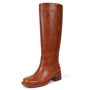 Imagem de HEIFIN Botas Marrons De Cano Alto Femininas, Plataforma Montaria, Bico Quadrado, Salto Baixo E Grosso, Couro, Longo Largo, Campus, Bege