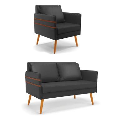 Imagem de Kit 01 Namoradeira E 01 Poltrona Corino Preto Castanho