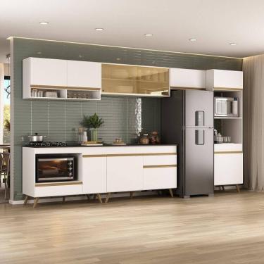 Imagem de Armário De Cozinha Modulada Completa 357cm Com Balcão Para Cooktop Veneza Multimóveis Mp2274 Branco/dourado