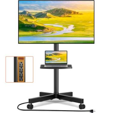Imagem de TVON Suporte de TV móvel com tomada elétrica, carrinho de TV inclinável para TVs LCD LED OLED de 23 a 60 polegadas de tela plana curvada até 40 kg, ajuste de altura Suporte de TV portátil sobre rodas,