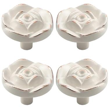 Imagem de Tverghvad Puxadores de cômoda de flor rosa, [pacote com 4] Puxadores e puxadores vintage de liga de zinco para armário rosa, puxadores decorativos antigos para cozinha, armário, armários e gavetas