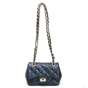 Imagem de Bolsa Cosenza Feminina Mini Bag, Couro Legítimo Matelassê, Alça Corrente (Azul Marrinho C/Dourado)