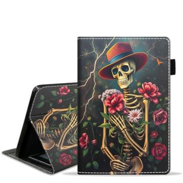 Imagem de JDHJFBFJNP Capa para tablet Amazon Kindle Fire 7 (12ª geração, versão 2022, tela de 7 polegadas), capa flip de couro PU com compartimento para cartão e porta-lápis, flor de caveira