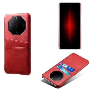 Imagem de Capas Compatível com HUAWEI MATE 60 RS,Caso de couro PU-Tampa de telefone a prova de choque com 2 slots de cartão,Proteção anti-impressão digital e anti-gota-Red
