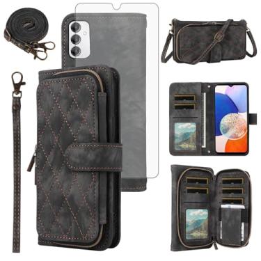 Imagem de Capa de celular para Samsung Galaxy A14/M14 5G carteira celular com protetor de tela de vidro temperado alça transversal alça flip suporte zíper bolsa porta-cartões slot dinheiro A 14 4G 14 A 14 M G5