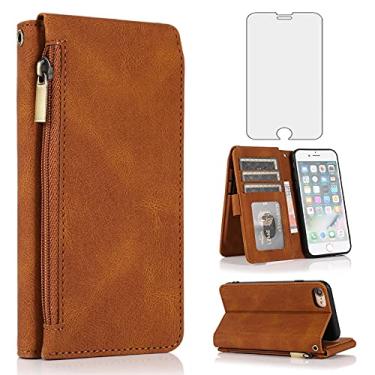 Imagem de Compatível com iPhone 7/8/SE 2020/2022 capa carteira de vidro temperado protetor de tela com zíper flip capa suporte para cartão para iPhone 7 iPhone8 SE2020 SE2022 2/2nd/3/3ª geração SE2 SE3 marrom