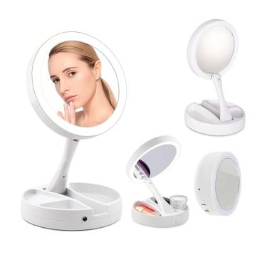 Imagem de Espelho de Mesa com Iluminação LED, Rotação 360°, Estilo Camarim zoom x10 dupla face