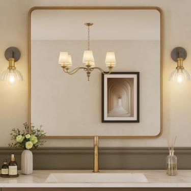 Imagem de miroro Espelho emoldurado de metal dourado de 91 x 91 cm para parede, espelho retangular grande arredondado, antiferrugem, vidro temperado, pendurado horizontal ou verticalmente