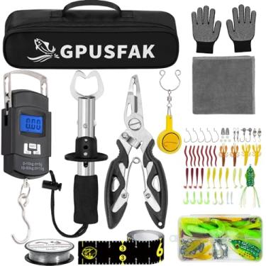 Imagem de GPUSFAK Kit de ferramentas de pesca, 9 peças de equipamentos de pesca, alicates, gancho para mosca de gelo, nó, prendedor labial, régua, luvas antiderrapantes, iscas, acessórios
