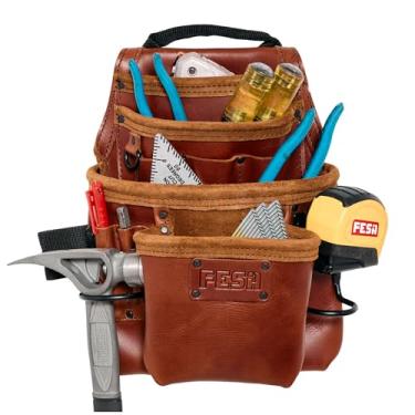 Imagem de FESA Bolsa de ferramentas de couro para carpinteiro - Bolsa de cinto de couro de flor integral pesada com 10 bolsos com 2 laços de martelo, clipe de fita, bolsos grandes e pequenos - serve para cintos