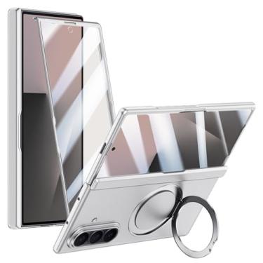 Imagem de POYUFRG Capa magnética para Samsung Galaxy Z Fold 7, tela de vidro temperado HD, capa de telefone fosco com suporte de anel giratório, branca, Z Fold 7