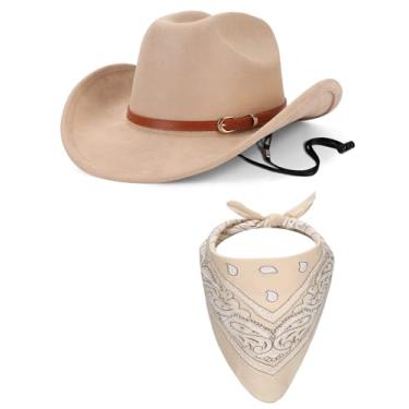Imagem de Ibeauti Chapéu de cowboy com franjas, conjunto de bandana para mulheres, chapéu de vaqueira ocidental de aba larga, cachecol Paisley, Tecido de camurça - camelo, M