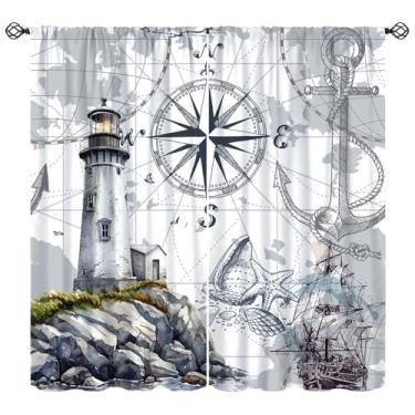 Imagem de Cortinas de farol do oceano, mapa vintage, aventura náutica, bússola, âncora, decoração de varão, tratamento de janela para quarto de crianças, quarto, sala de estar, restaurante, cozinha, drapeados