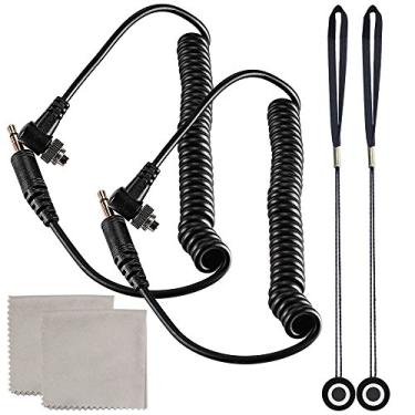 Imagem de Cabo de sincronização de PC flash masculino de 3,5 mm, YuCool 2 pacotes com cabo espiralado de 35,56 cm com trava de parafuso adequado para Nikon, Canon e a maioria das câmeras DSLR, suporte de lente de 2 câmeras, bônus 2 roupas de limpeza
