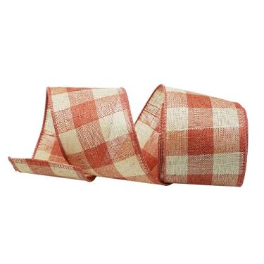 Imagem de Fita xadrez com fio preta e de serapilheira, fita de tecido xadrez para artesanato DIY, laços de guirlanda, decoração de casa de Natal (laranja e bege)