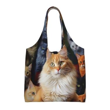 Imagem de GlbnSHeric Bolsa feminina reutilizável de compras de lona com borboleta azul cereja bolsa de ombro dobrável, Gatos, animais, One Size