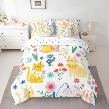 Imagem de Jogo de cama kawaii casal, 7 peças, desenho animado de gatos, para crianças, meninas, chique, floral, cinza, branco, amarelo em uma bolsa com edredom, lençóis, fronhas